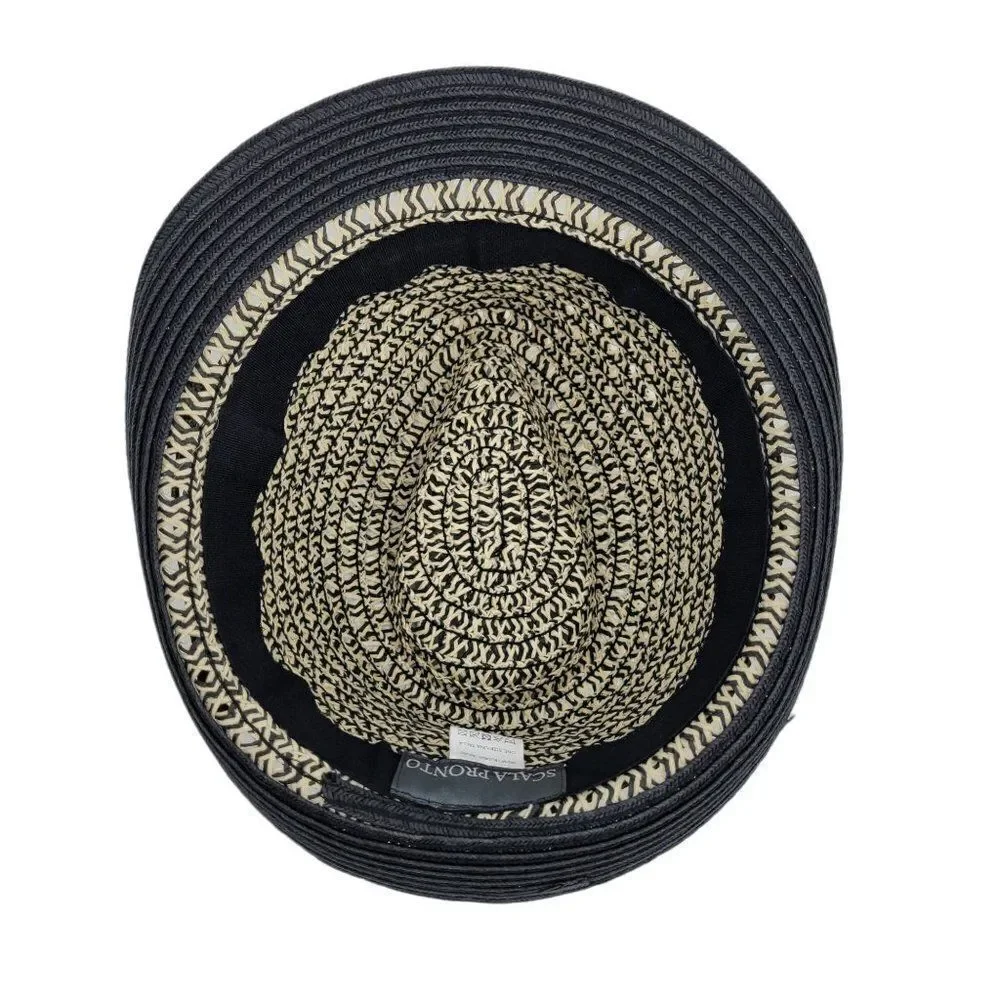 Scala Pronto Retro 60's Trilby Paper Braided Narrow Brim Fedora‎ Hat Black Tan